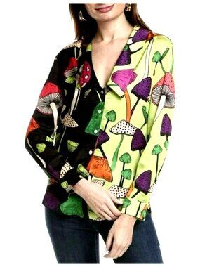 Farm Rio Mushroom-Print Button-Up Blouse Medium New